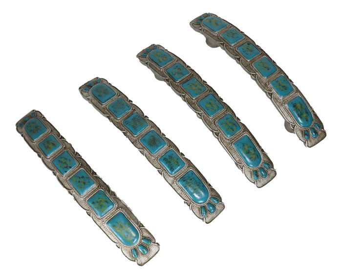 Set Of 4 Rustic Western Silver Turquoise Boho Drawer Cabinet Door Bar Pulls