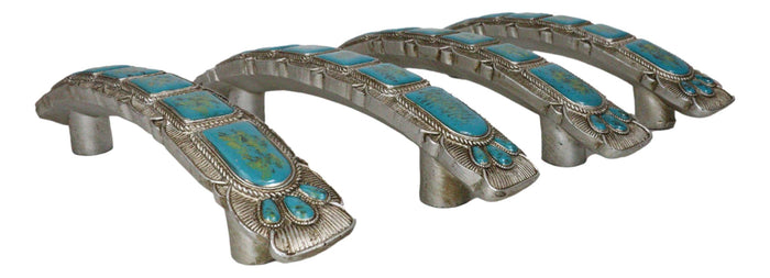 Set Of 4 Rustic Western Silver Turquoise Boho Drawer Cabinet Door Bar Pulls