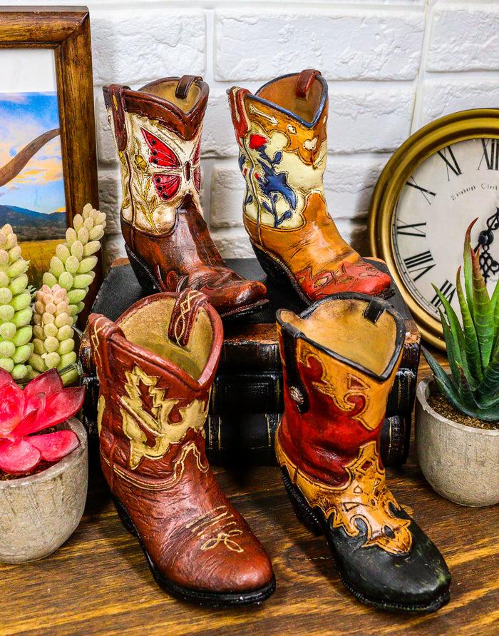 Set of 4 Rustic Western Tooled Leather Finish Cowboy Boots Miniature Figurines