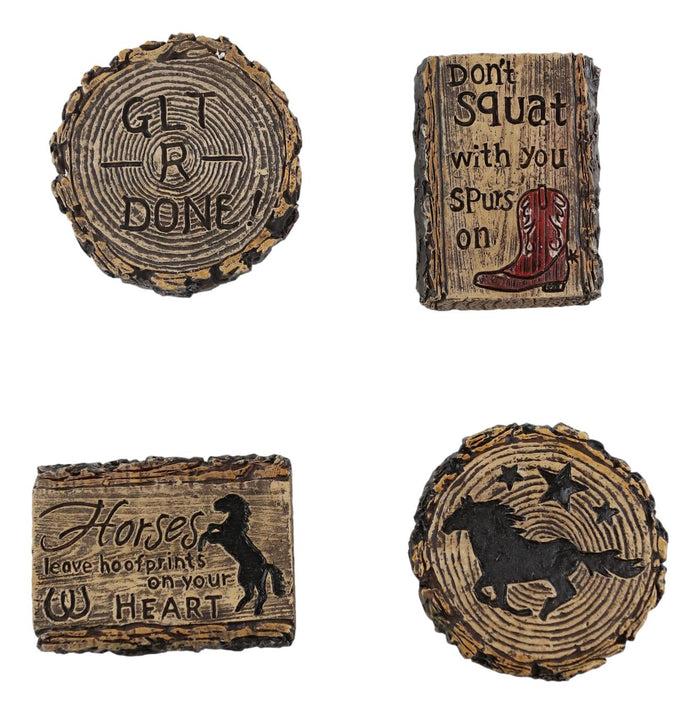 Set Of 4 Rustic Western Wooden Craft Chip Slices Cowboy Horses Horseshoe Stars