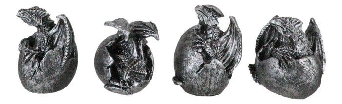 Set Of 4 Silver Whimsical Wyrmling Baby Dragon Egg Hatchlings Mini Figurines