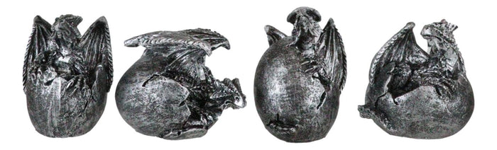 Set Of 4 Silver Whimsical Wyrmling Baby Dragon Egg Hatchlings Mini Figurines