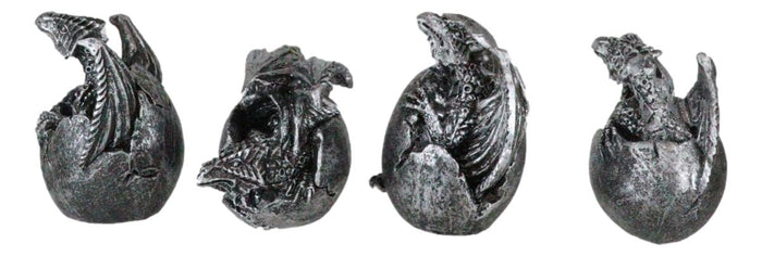 Set Of 4 Silver Whimsical Wyrmling Baby Dragon Egg Hatchlings Mini Figurines