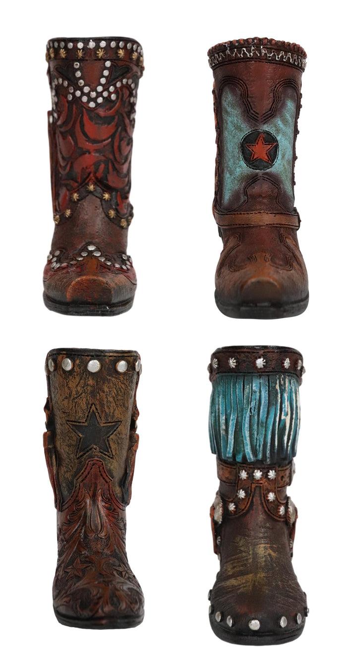 Set Of 4 Western Cowboy Turquoise Tooled Leather Boots Make Up Tools Pen Holder