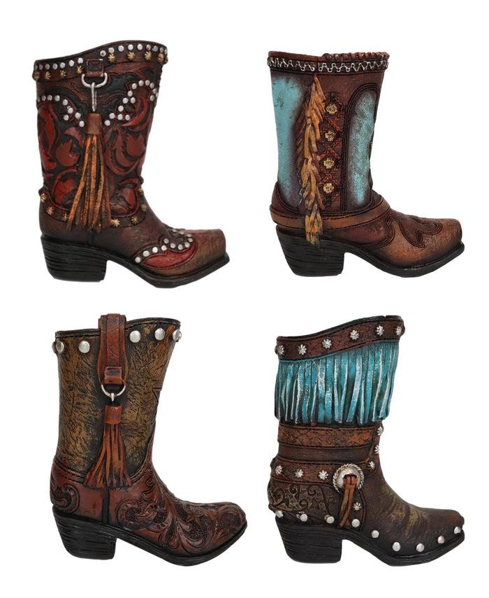 Set Of 4 Western Cowboy Turquoise Tooled Leather Boots Make Up Tools Pen Holder