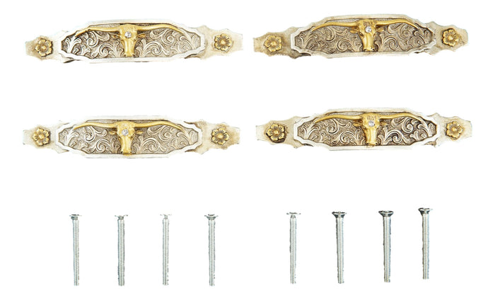 Set Of 4 Western Longhorn Cattle Bull Lace Concho Drawer Cabinet Bar Pulls 6"L
