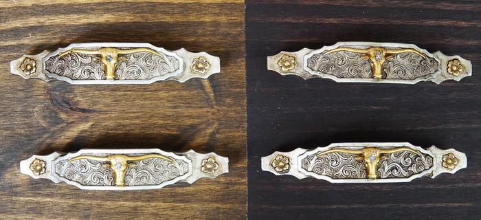 Set Of 4 Western Longhorn Cattle Bull Lace Concho Drawer Cabinet Bar Pulls 6"L