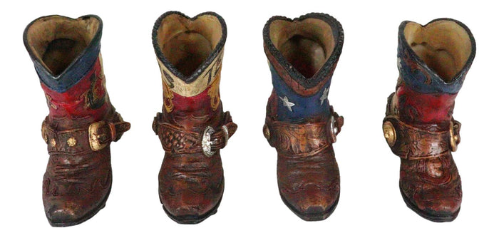 Set Of 4 Western Texas Cowboy Cowgirl Faux Tooled Leather Spur Boots Pen Holder