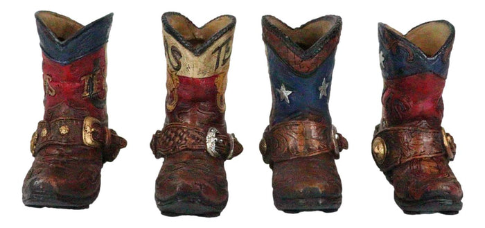 Set Of 4 Western Texas Cowboy Cowgirl Faux Tooled Leather Spur Boots Pen Holder