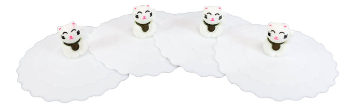 Set Of 4 White Maneki Neko Cat Reusable Silicone Coffee Tea Mug Cup Cover Lids