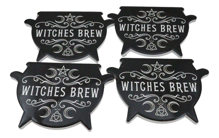 Set Of 4 Wicca Occult Witches Brew Pentagram Cauldron Ceramic Cork Coasters