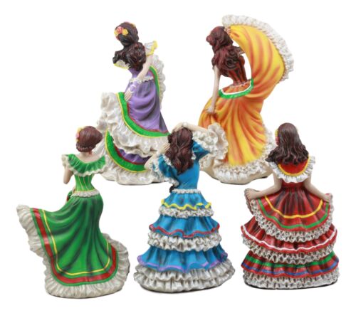 Set Of 5 Day Of The Dead Orange Gown Sugar Skull Dancer Statue Vivas Calacas