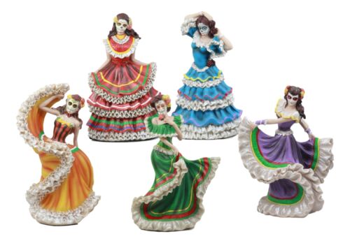 Set Of 5 Day Of The Dead Orange Gown Sugar Skull Dancer Statue Vivas Calacas
