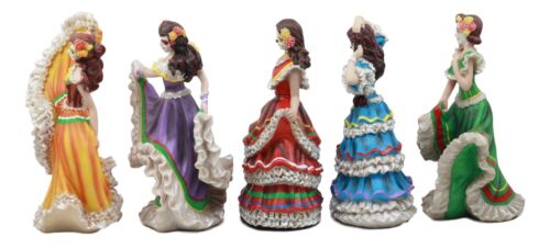 Set Of 5 Day Of The Dead Orange Gown Sugar Skull Dancer Statue Vivas Calacas