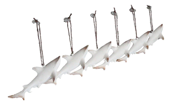 Set Of 6 Antique White Sharks Ocean Marine Wall Hanging Decor Tree Ornaments