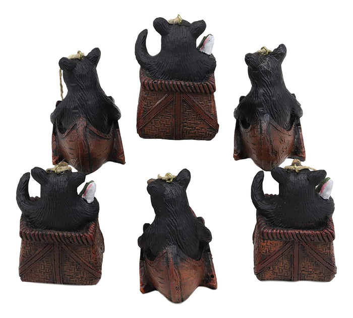Set Of 6 Black Bears In Canoe Boat And Fishing Basket Christmas Tree Ornaments