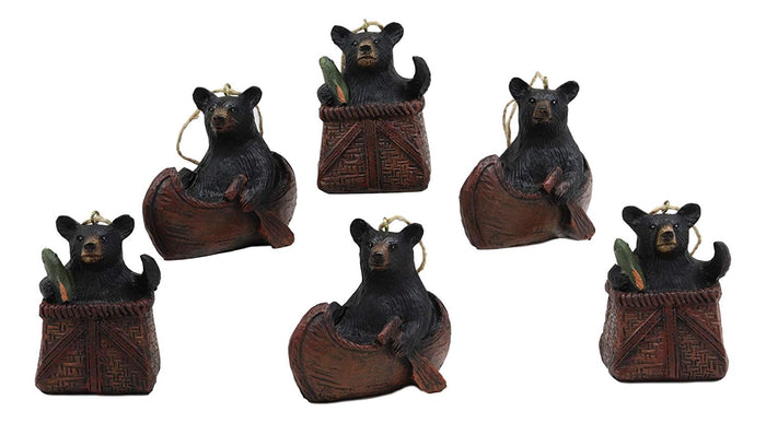 Set Of 6 Black Bears In Canoe Boat And Fishing Basket Christmas Tree Ornaments