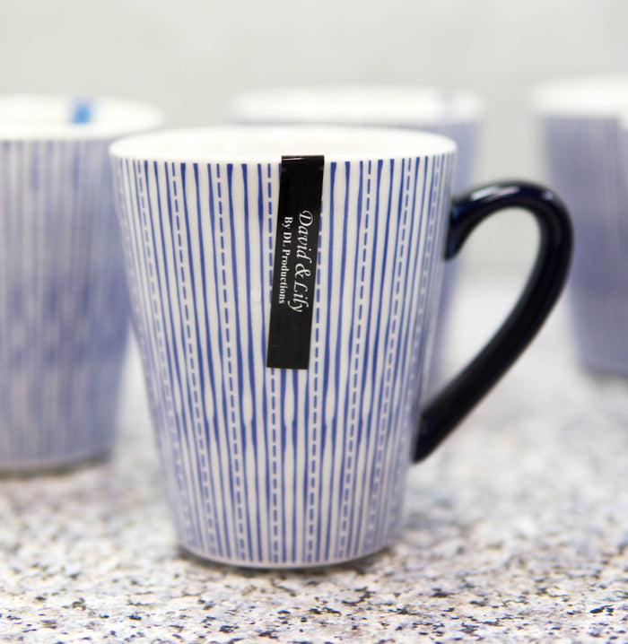Set Of 6 Eleanor Blue And White Linear Patterns Contemporary Porcelain Mugs 10oz