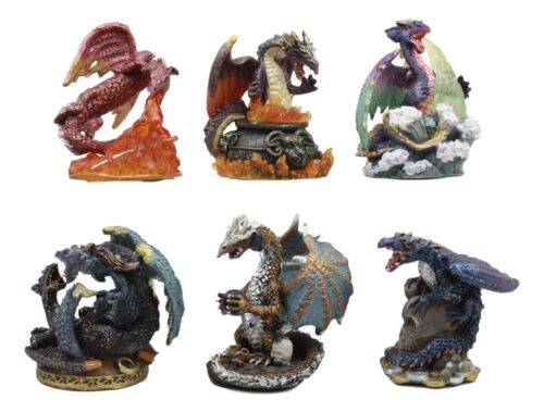 Set Of 6 Fantasy Mini Fire Dragons Figurines Dungeons And Dragons Collection
