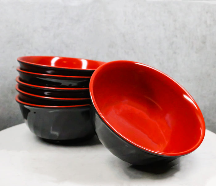 Set Of 6 Red And Black Round Ridged Pasta Soup Salad Rice Melamine Bowls 7"D Set Of 6 Red And Black Round Ridged Pasta Soup Salad Rice Melamine Bowls 7"D