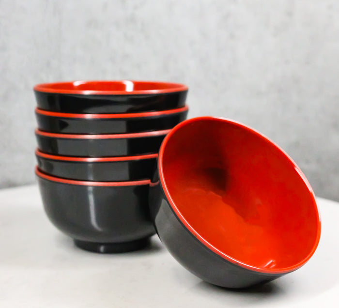 Set Of 6 Red And Black Round Ridged Small Soup Salad Rice Melamine Bowls 4"D Set Of 6 Red And Black Round Ridged Small Soup Salad Rice Melamine Bowls 4"D