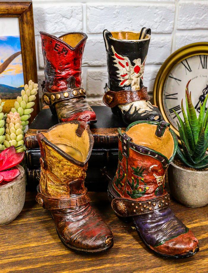 Set Of 6 Rustic Western Tooled Leather Finish Cowboy Boots Miniature Figurines