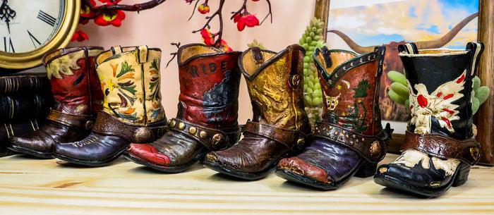 Set of 6 Rustic Western Tooled Leather Finish Cowboy Boots Miniature Figurines