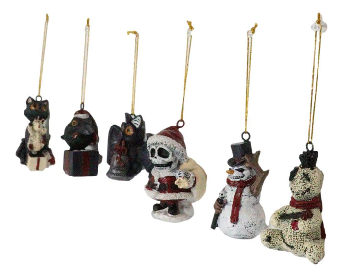 Set Of 6 Scary Merry Christmas Halloween Skeleton Santa Snowman Tree Ornaments