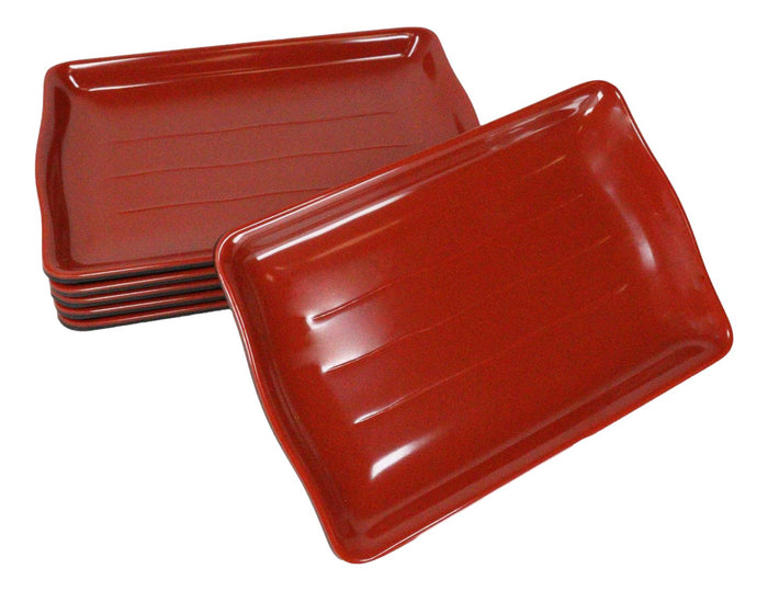 Set Of 6 Traditional Red And Black Melamine Rectangular Wavy Sushi Plates 8"L