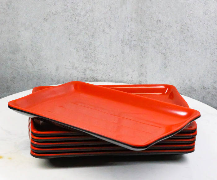 Set Of 6 Traditional Red And Black Melamine Rectangular Wavy Sushi Plates 8"L