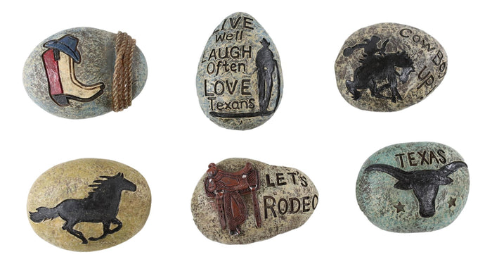 Set Of 6 Western Texas Cowboy Longhorn Rodeo Horse Boot Colorful Pebble Rocks