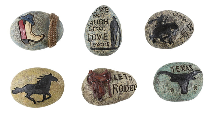 Set Of 6 Western Texas Cowboy Longhorn Rodeo Horse Boot Colorful Pebble Rocks
