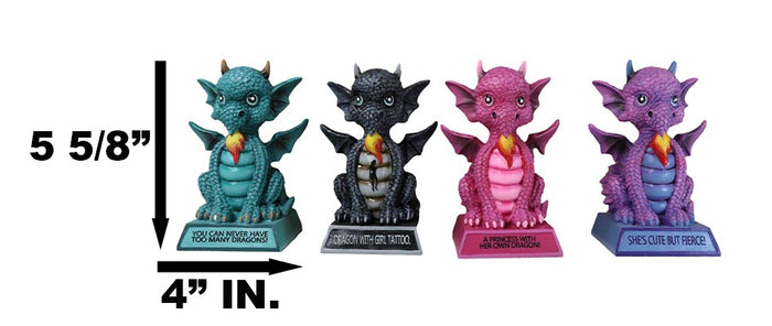 Set Of 8 Colorful Whimsical Cartoon Chibi Dragon Figurines With Funny Phrases