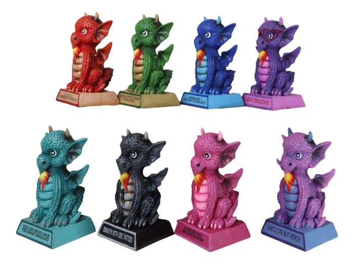 Set Of 8 Colorful Whimsical Cartoon Chibi Dragon Figurines With Funny Phrases