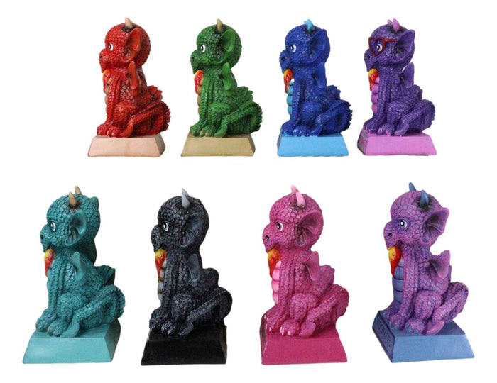 Set Of 8 Colorful Whimsical Cartoon Chibi Dragon Figurines With Funny Phrases
