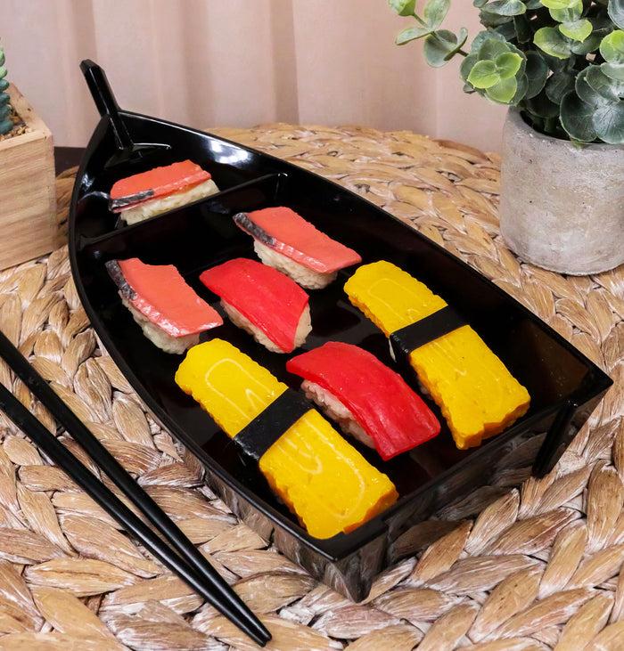 Set Of Six Japanese Black Lacquered Plastic Sushi Boat Serving Plate Display