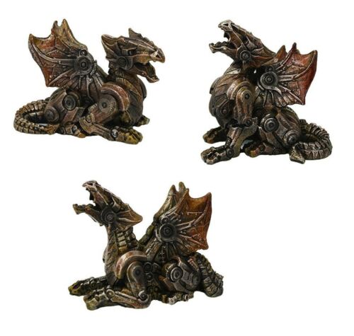 Set Of Three Steampunk Mechanical Robotic Cyborg Winged Dragon Figurine