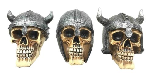 Set Of Three Viking Warlords Skull With Battle Helmets Figurine Norse Mythology