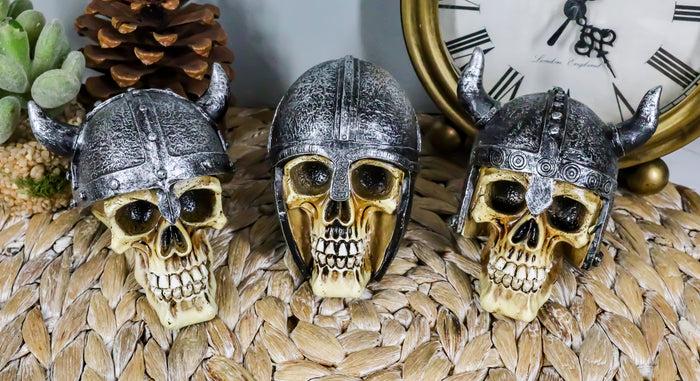 Set Of Three Viking Warlords Skull With Battle Helmets Figurine Norse Mythology