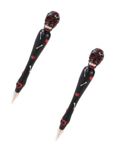 Set Of Two Black Dias De Los Muertos Day Of The Dead Sugar Skull Stationery Pen