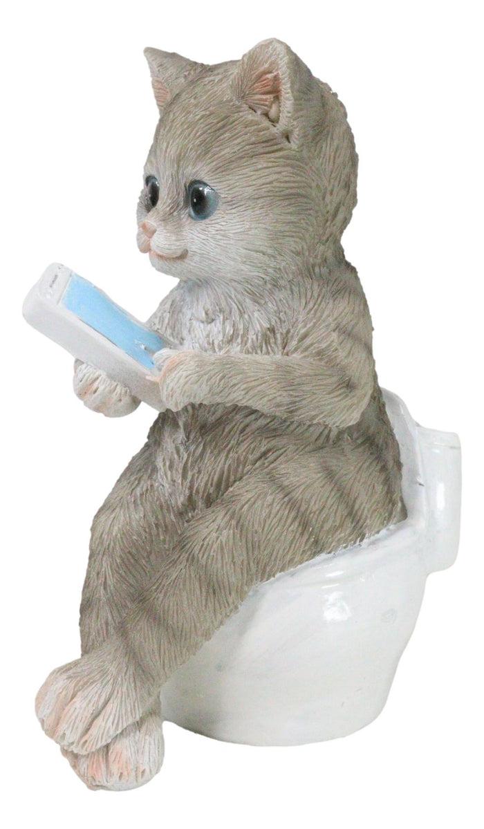 Shorthair Grey Cat Kitten Bookworm With Book Sitting On Toilet Potty Figurine