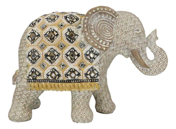 Silver Grey Accent Mosaic Design Noble Elephant With Trunk Up Statue 9"L Decor