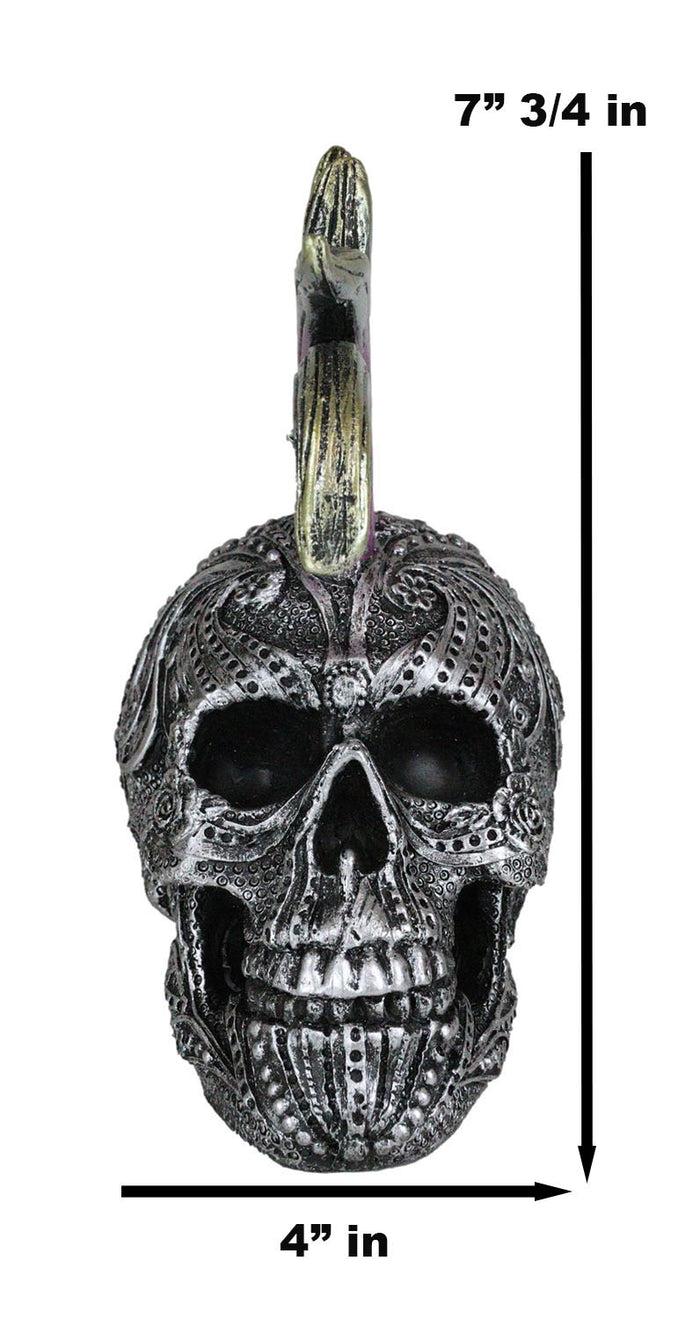 Silver Mohawk Purple Punk Haired Skull In Tooled Peacock Feathers Tattoo Statue
