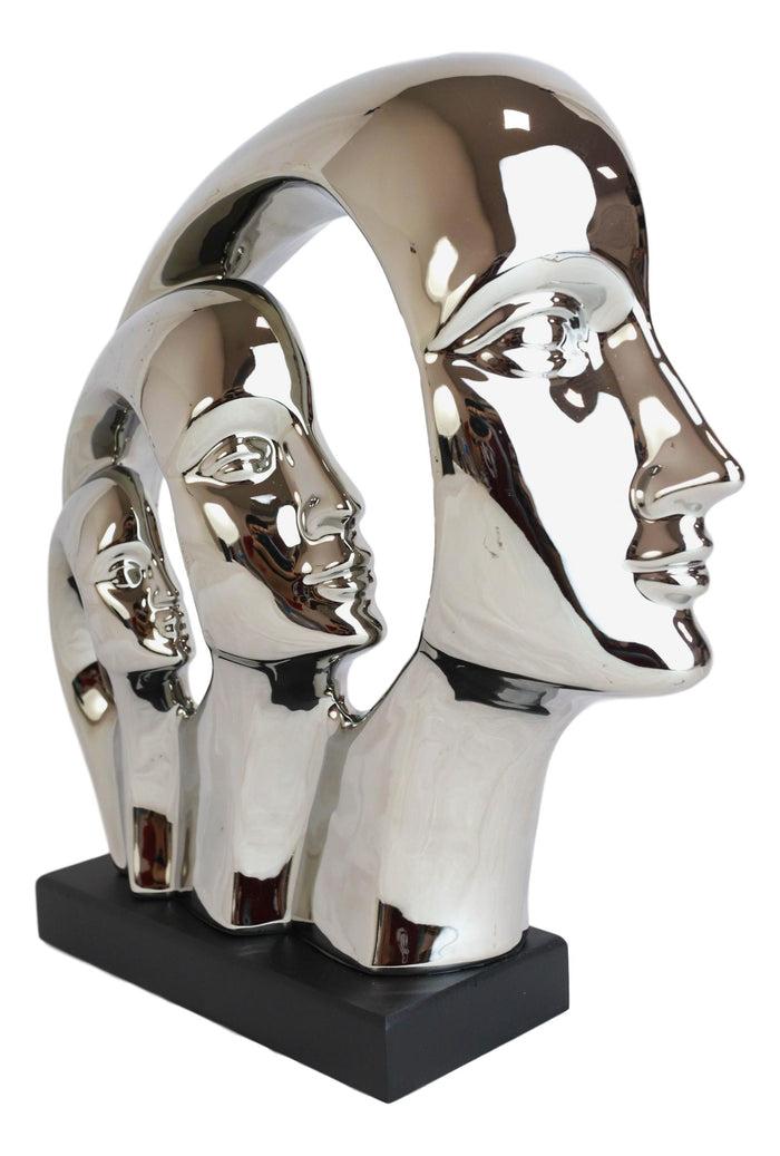 Silver Plated Ceramic Abstract Modern Gallery Art 3 Faces Family Unit Figurine