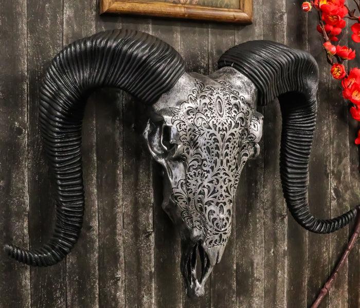 Silver Tribal Floral Scroll Tooled Filigree Corsican Ram Skull Wall Decor 11"W