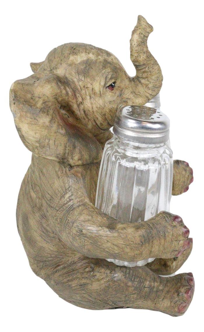 Sitting African Safari Bush Elephant With Trunk Up Salt Pepper Shakers Holder