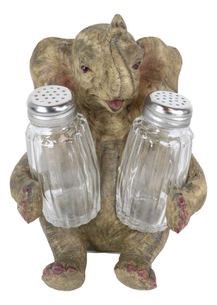 Sitting African Safari Bush Elephant With Trunk Up Salt Pepper Shakers Holder