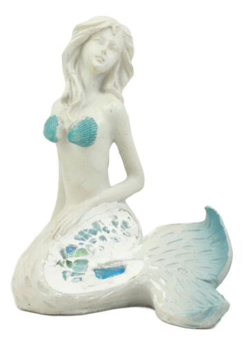 Sitting Baby Blue Mermaid Statue Decor With Mosaic Crushed Glass Tail 4.75"H