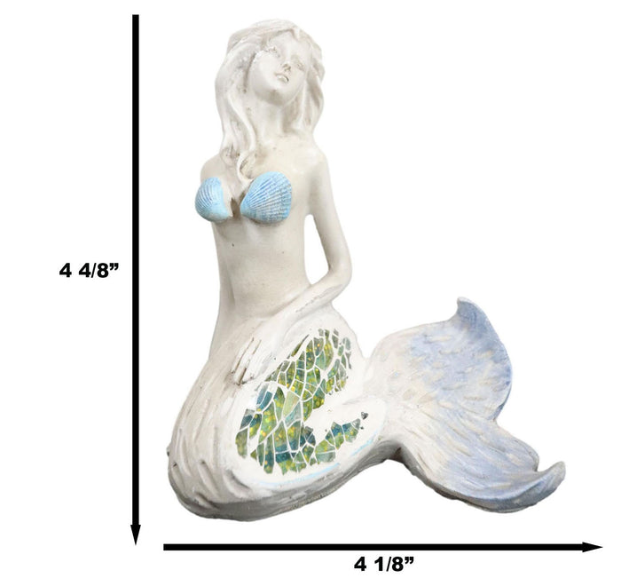 Sitting Baby Blue Mermaid Statue Decor With Mosaic Crushed Glass Tail 4.75"H
