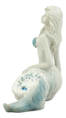 Sitting Baby Blue Mermaid Statue Decor With Mosaic Crushed Glass Tail 4.75"H